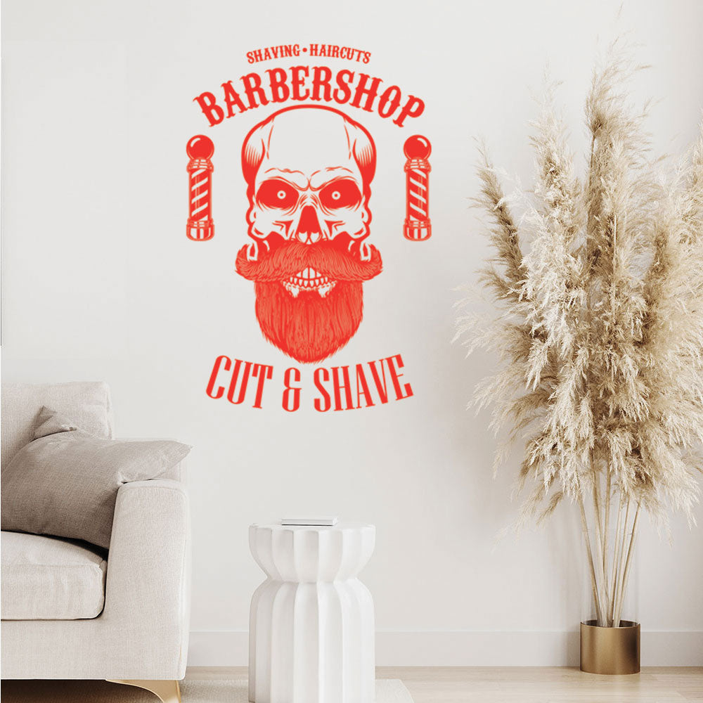 Barbershop Cut & Shave Wall Decal – Skull & Barber Poles