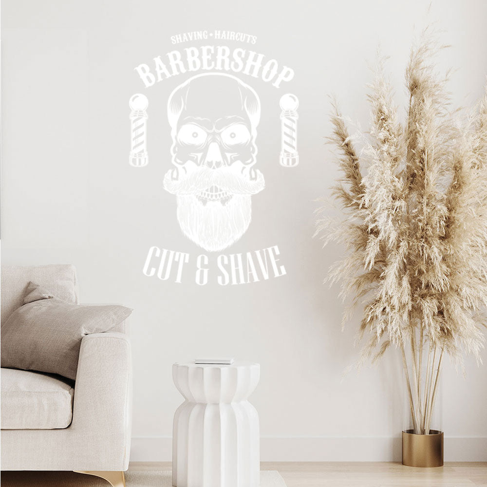 Barbershop Cut & Shave Wall Decal – Skull & Barber Poles