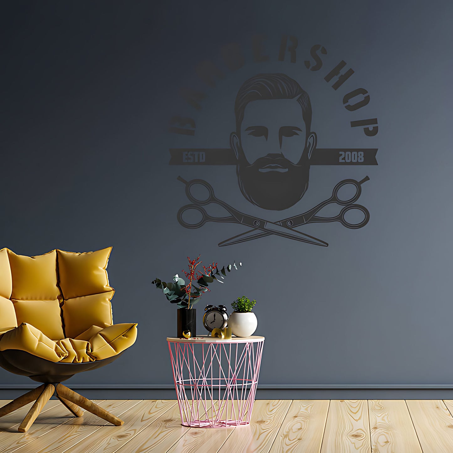 Bespoke Barbershop Wall Art – Est. Year Bearded Barber & Scissors