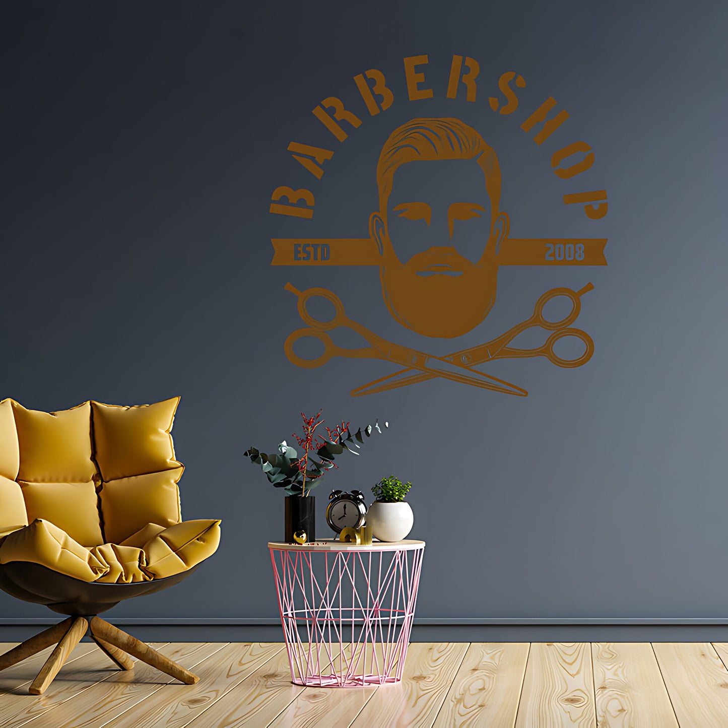 Bespoke Barbershop Wall Art – Est. Year Bearded Barber & Scissors