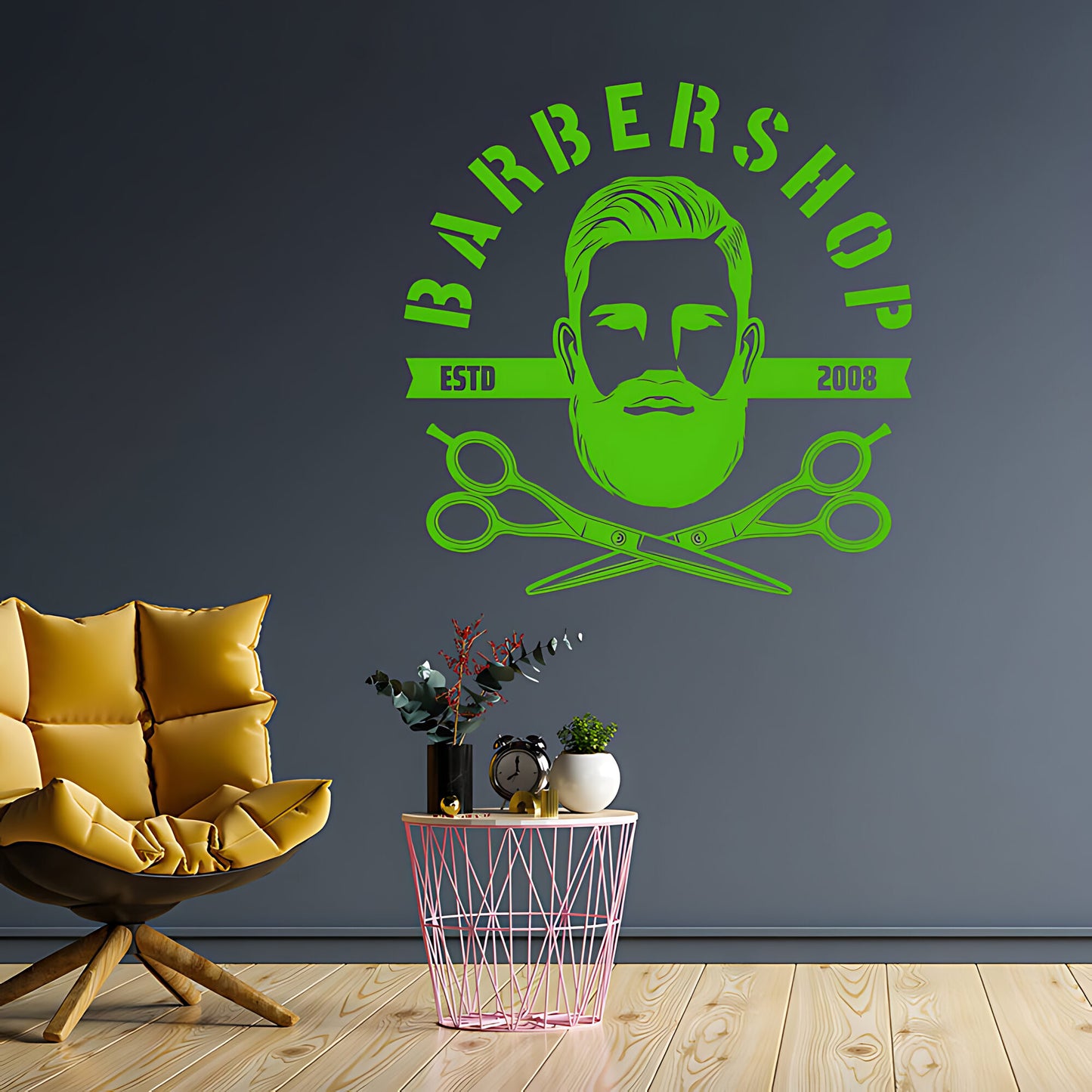 Bespoke Barbershop Wall Art – Est. Year Bearded Barber & Scissors