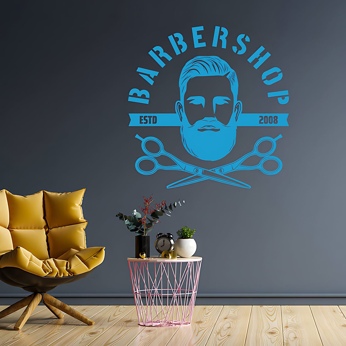 Bespoke Barbershop Wall Art – Est. Year Bearded Barber & Scissors