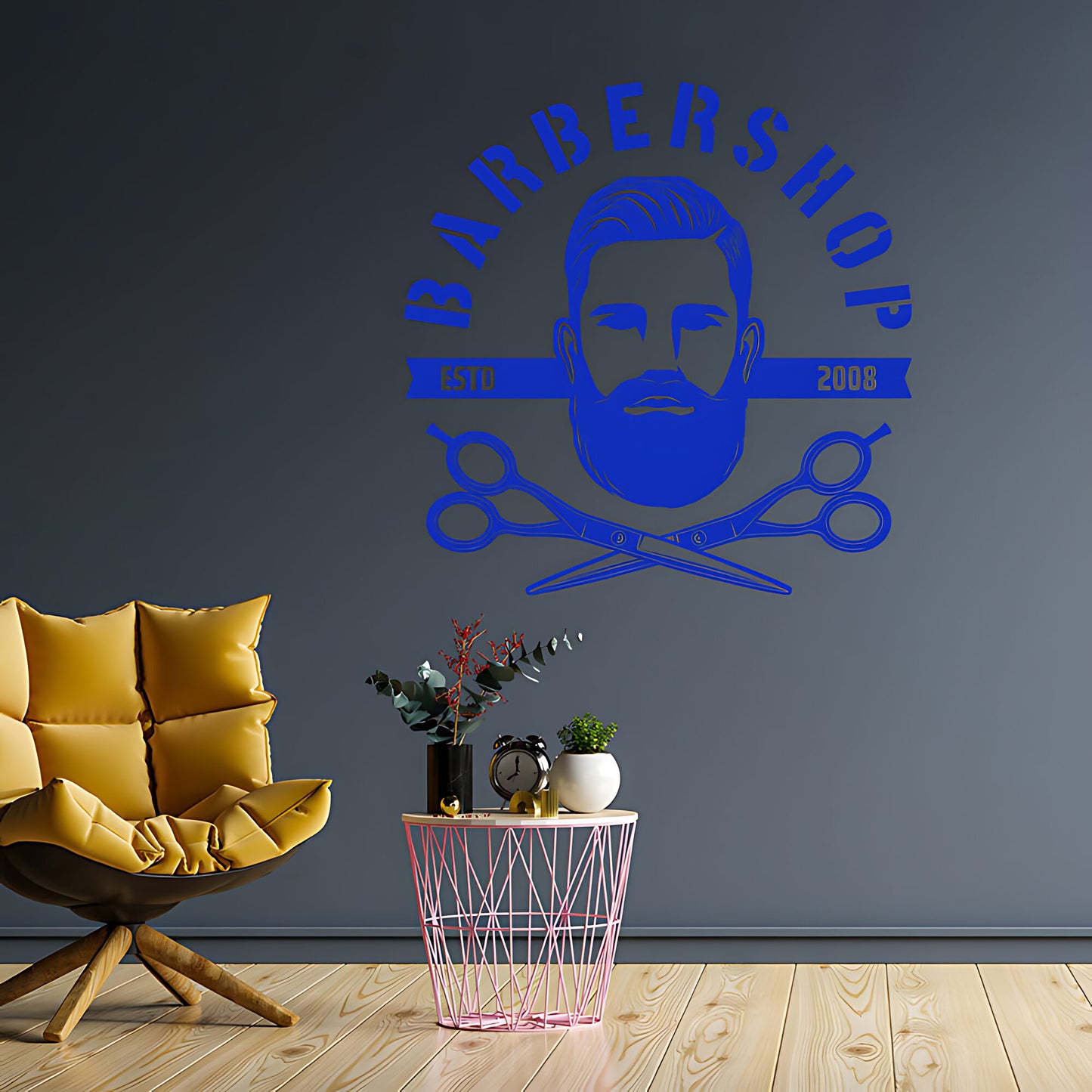 Bespoke Barbershop Wall Art – Est. Year Bearded Barber & Scissors