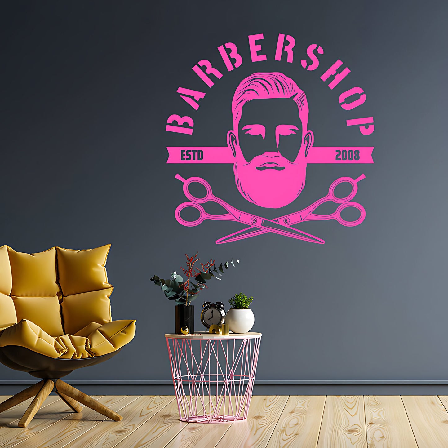 Bespoke Barbershop Wall Art – Est. Year Bearded Barber & Scissors
