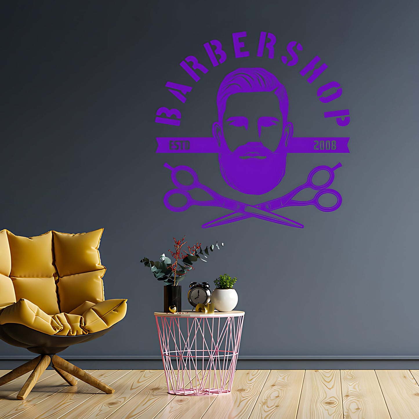 Bespoke Barbershop Wall Art – Est. Year Bearded Barber & Scissors