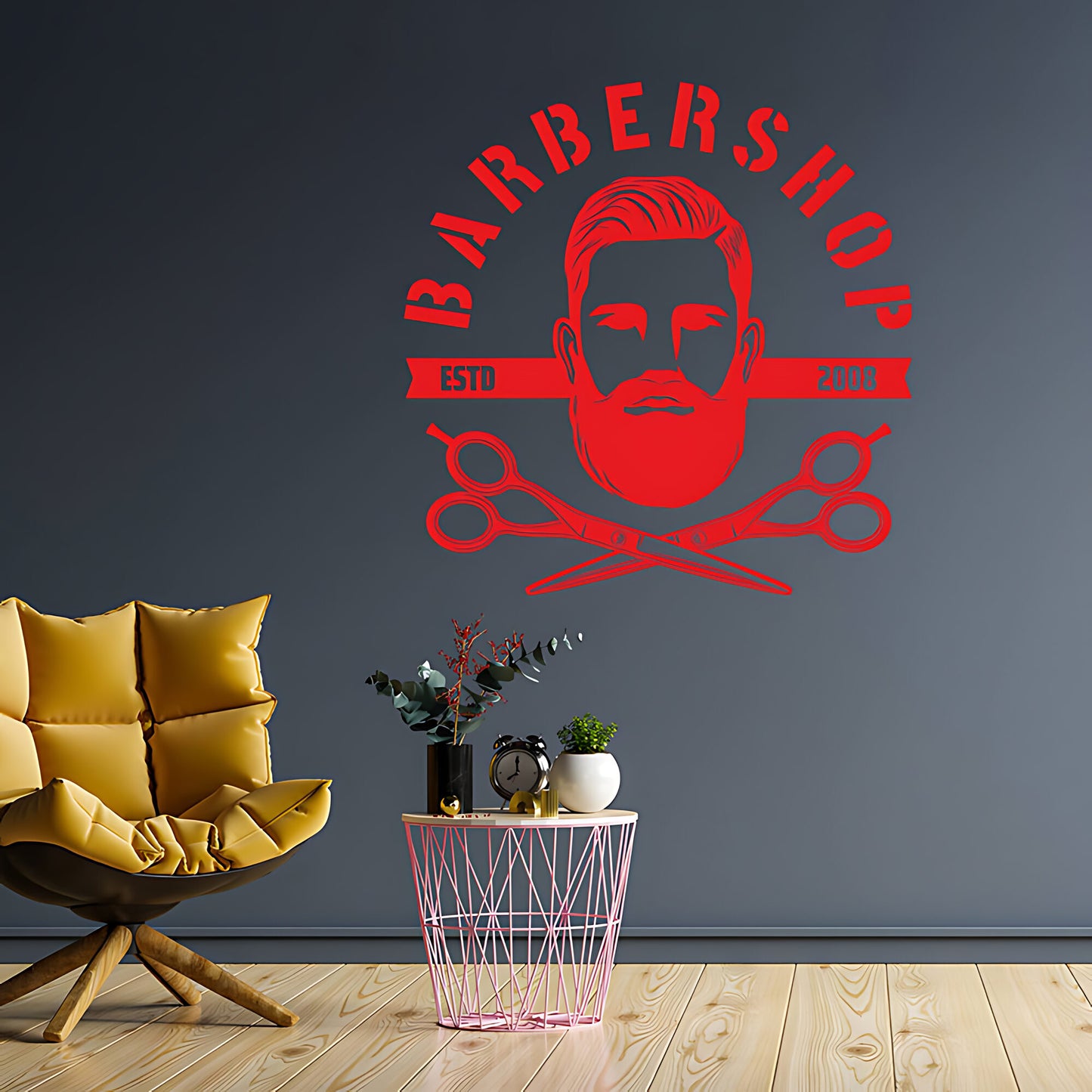 Bespoke Barbershop Wall Art – Est. Year Bearded Barber & Scissors