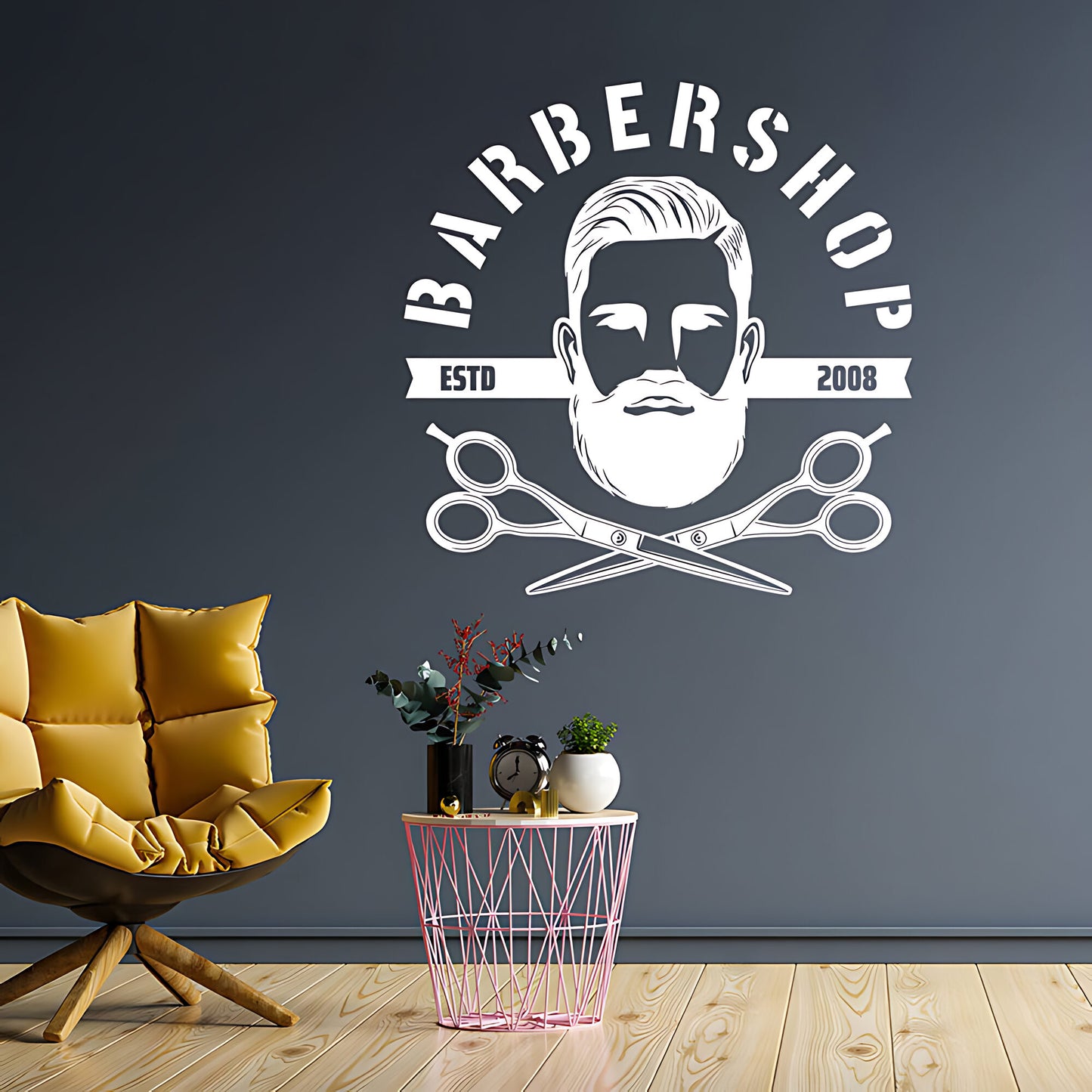Bespoke Barbershop Wall Art – Est. Year Bearded Barber & Scissors
