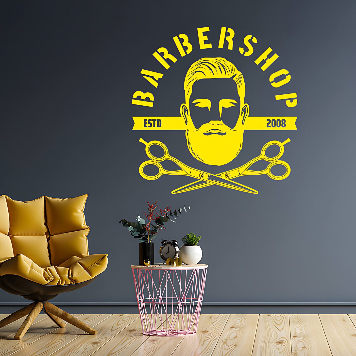 Bespoke Barbershop Wall Art – Est. Year Bearded Barber & Scissors