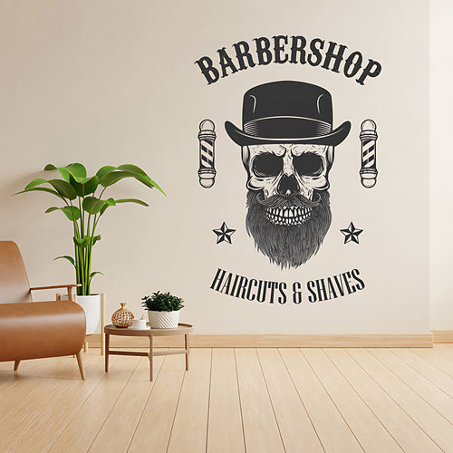 Barbershop Haircuts & Shaves Wall Decal – Skull Bowler Hat & Poles