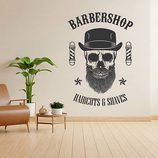 Barbershop Haircuts & Shaves Wall Decal – Skull Bowler Hat & Poles