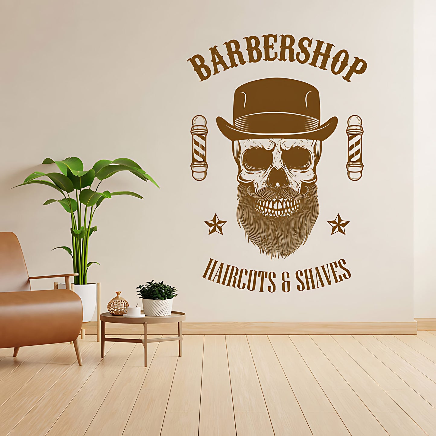 Barbershop Haircuts & Shaves Wall Decal – Skull Bowler Hat & Poles