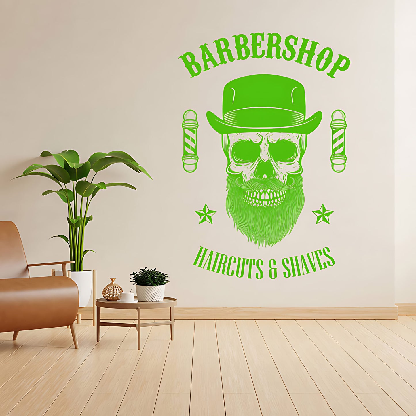 Barbershop Haircuts & Shaves Wall Decal – Skull Bowler Hat & Poles