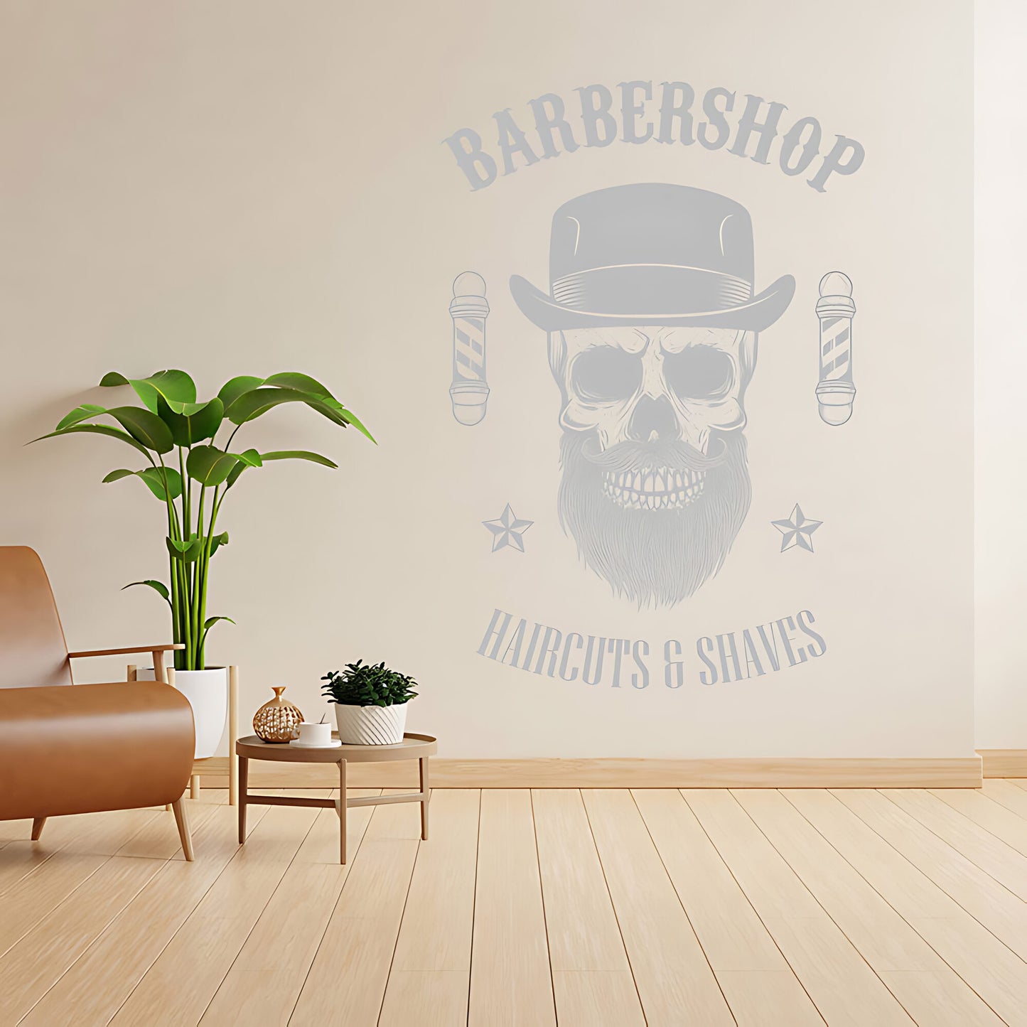 Barbershop Haircuts & Shaves Wall Decal – Skull Bowler Hat & Poles