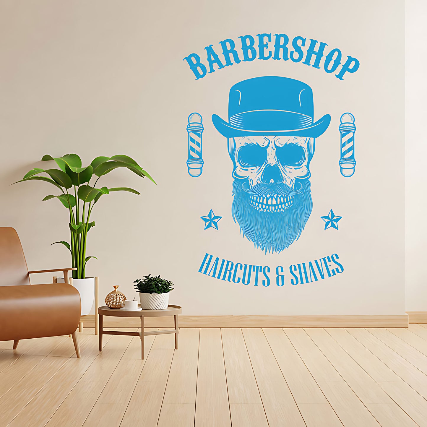 Barbershop Haircuts & Shaves Wall Decal – Skull Bowler Hat & Poles
