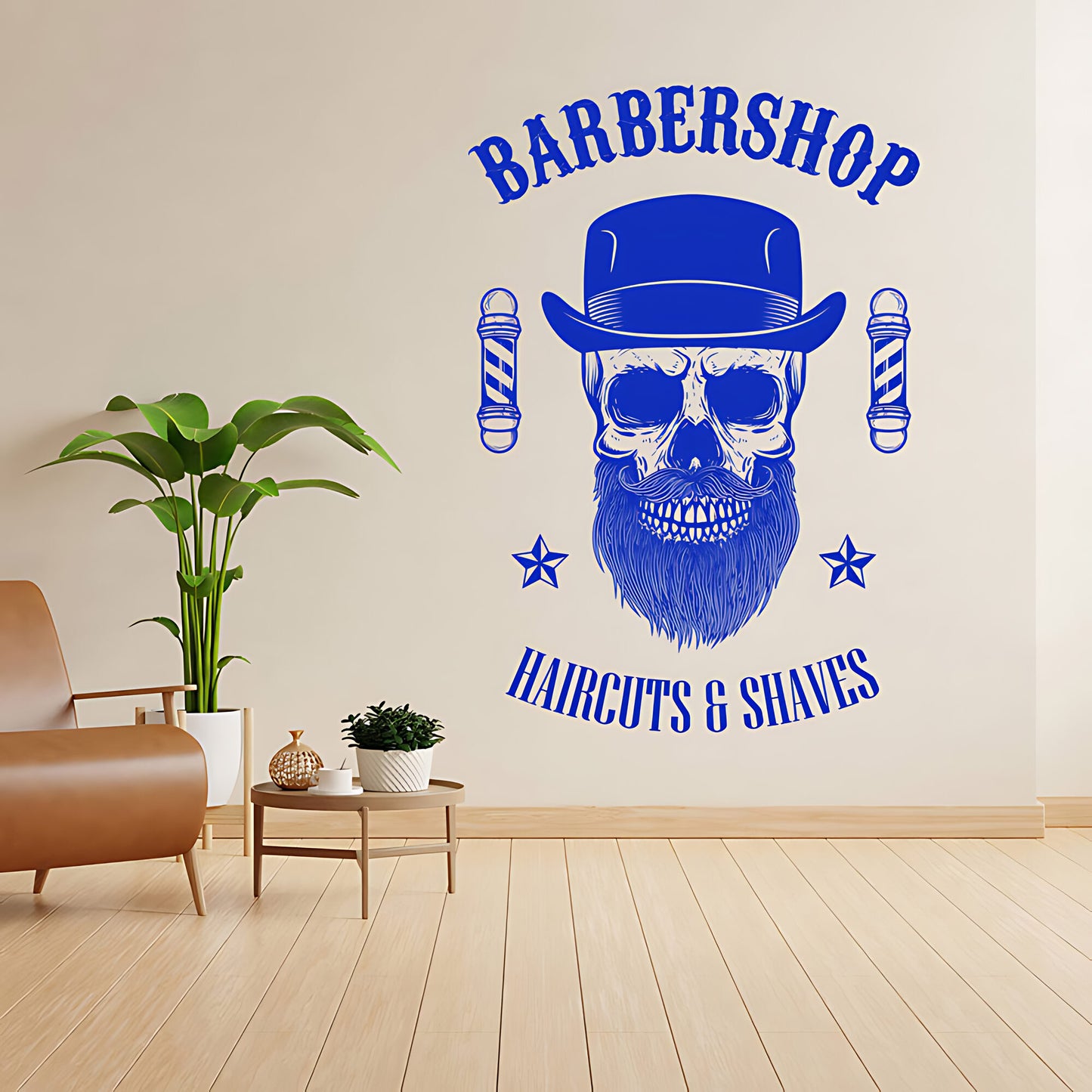 Barbershop Haircuts & Shaves Wall Decal – Skull Bowler Hat & Poles