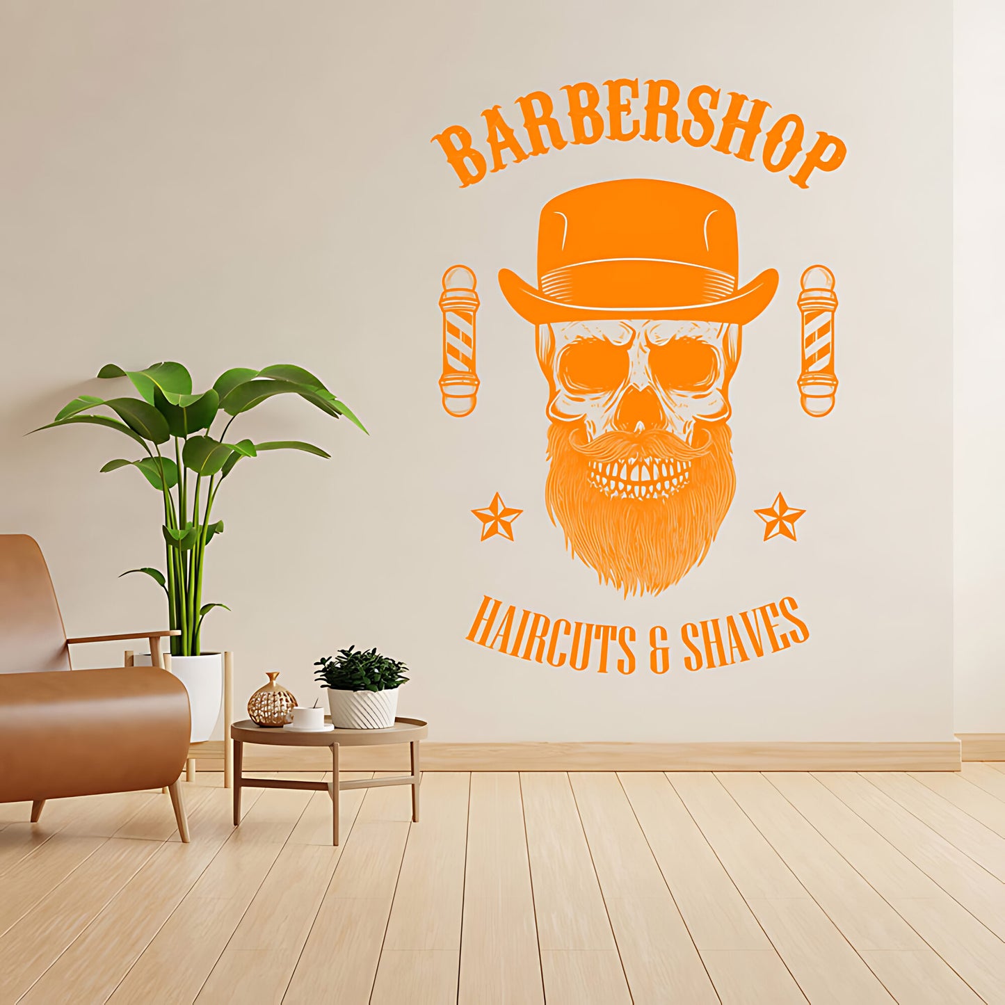 Barbershop Haircuts & Shaves Wall Decal – Skull Bowler Hat & Poles