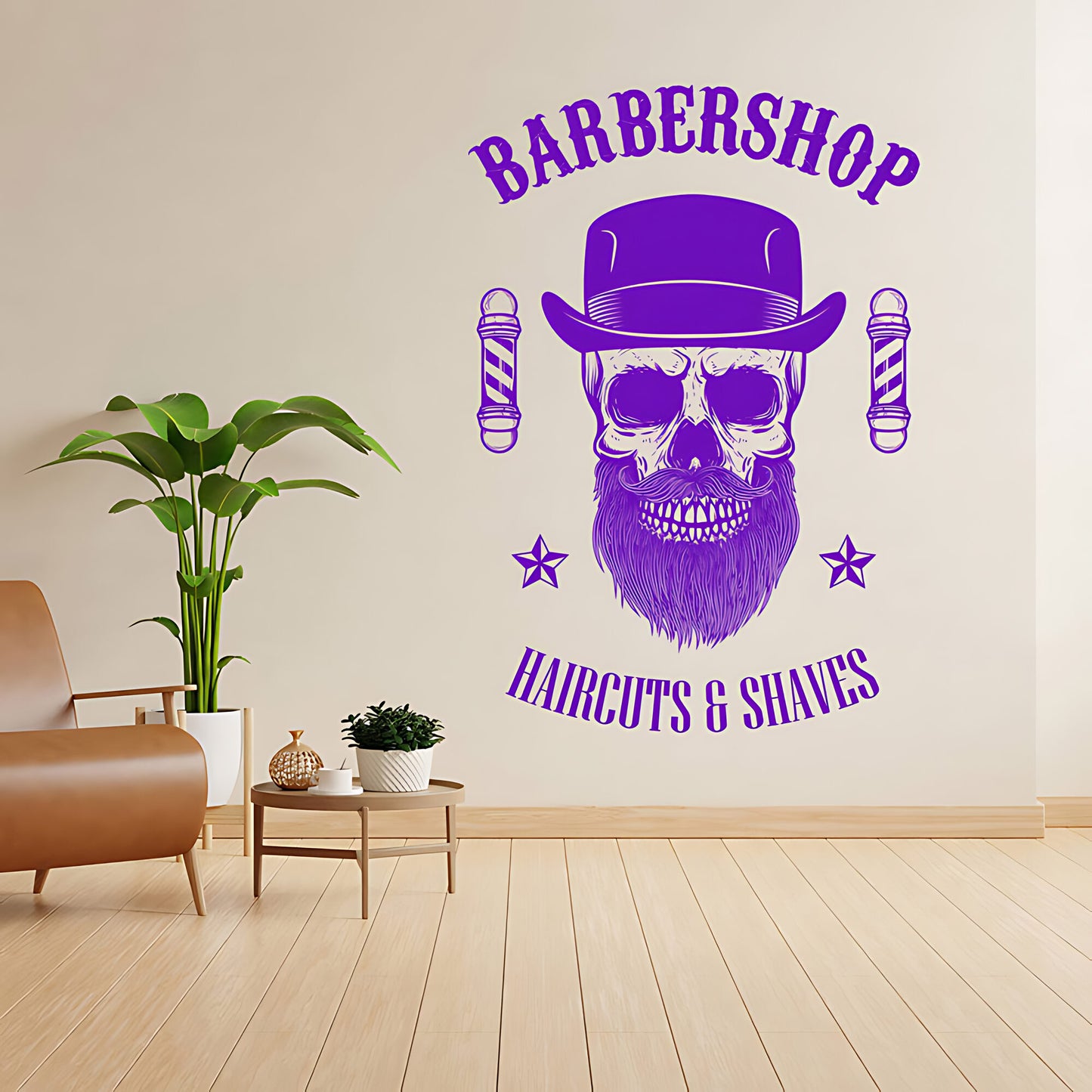 Barbershop Haircuts & Shaves Wall Decal – Skull Bowler Hat & Poles