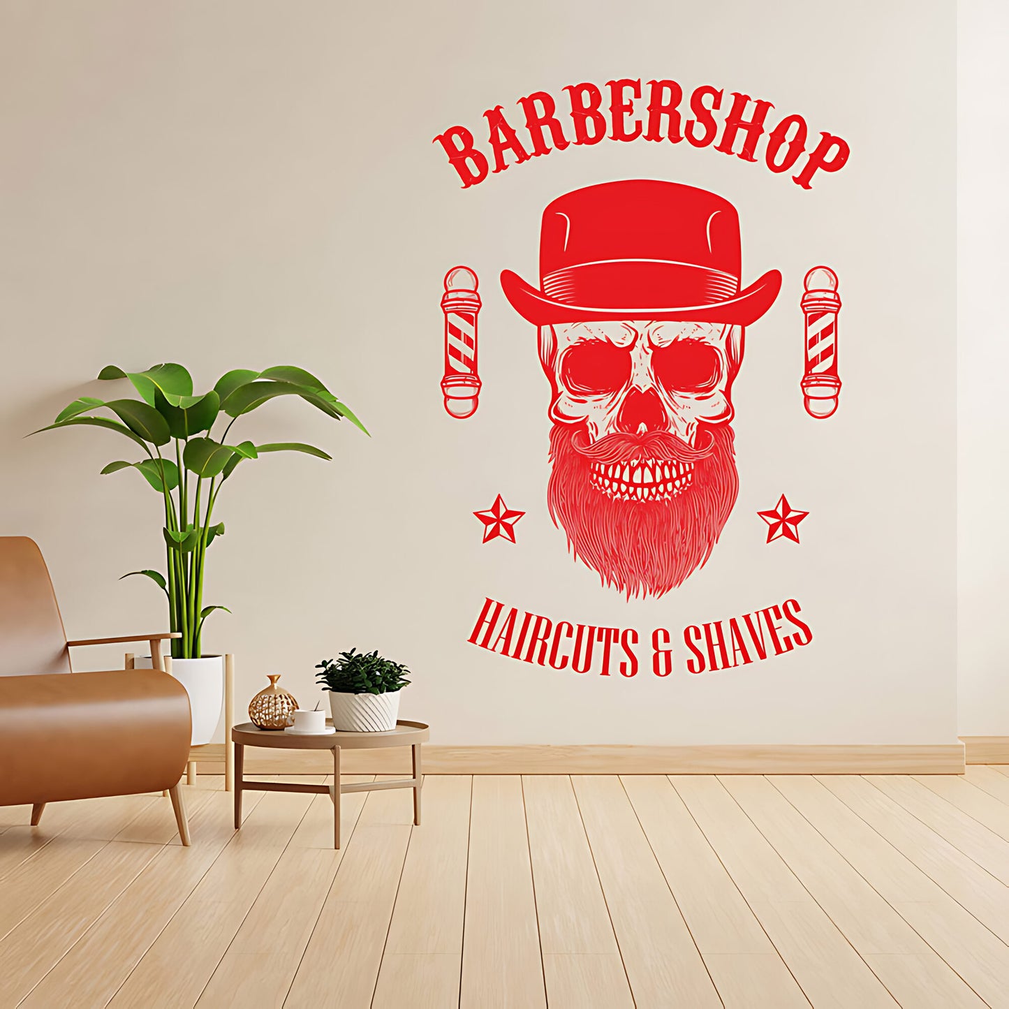 Barbershop Haircuts & Shaves Wall Decal – Skull Bowler Hat & Poles