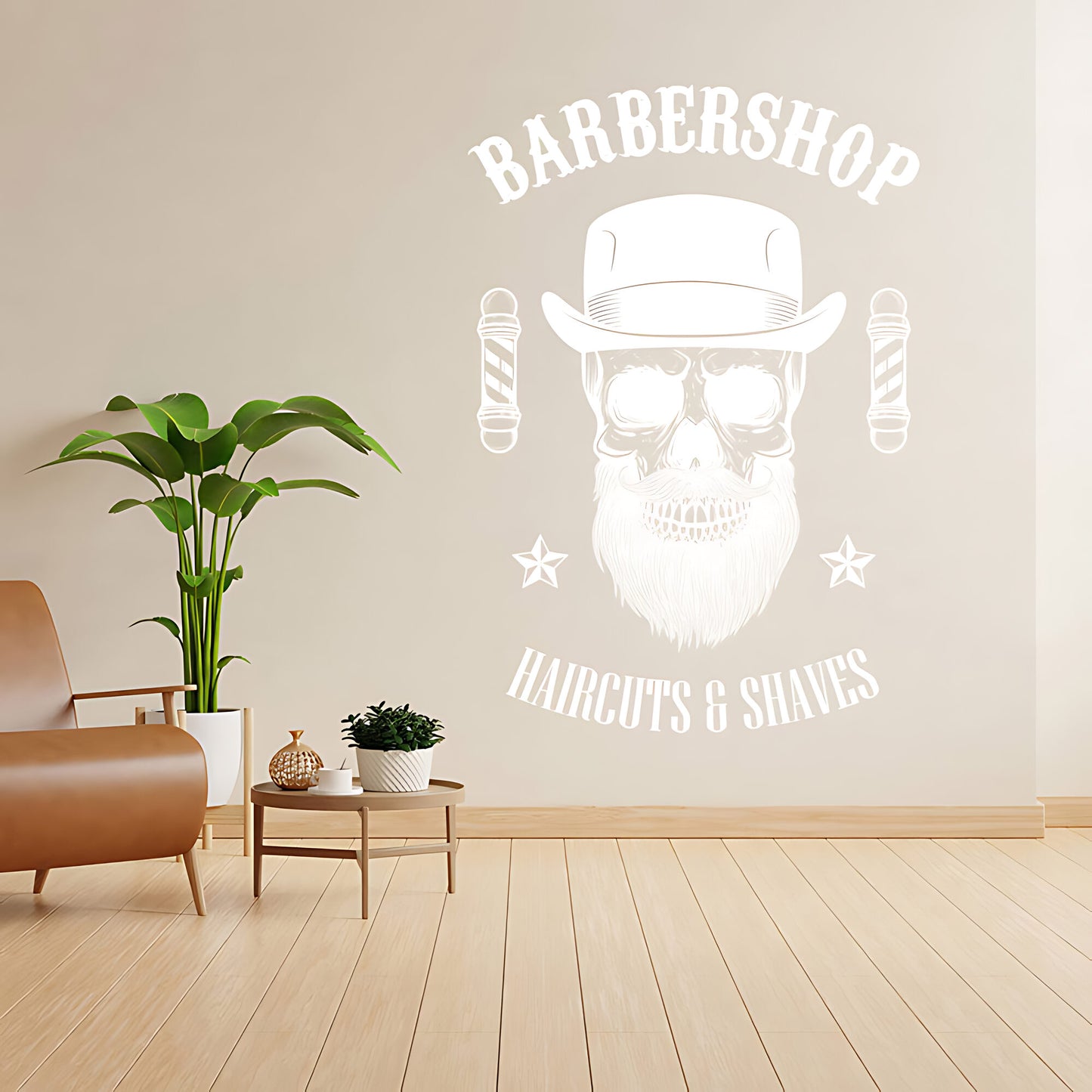 Barbershop Haircuts & Shaves Wall Decal – Skull Bowler Hat & Poles