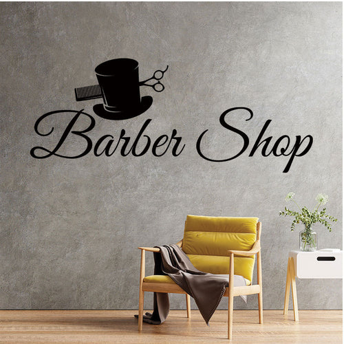 Barber Shop Wall Decal – Top Hat Comb & Scissors Script