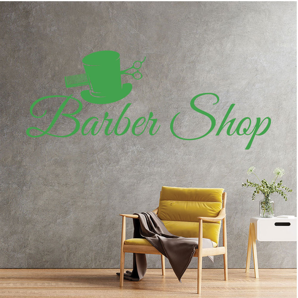 Barber Shop Wall Decal – Top Hat Comb & Scissors Script