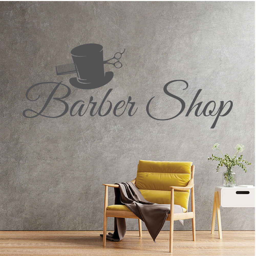 Barber Shop Wall Decal – Top Hat Comb & Scissors Script