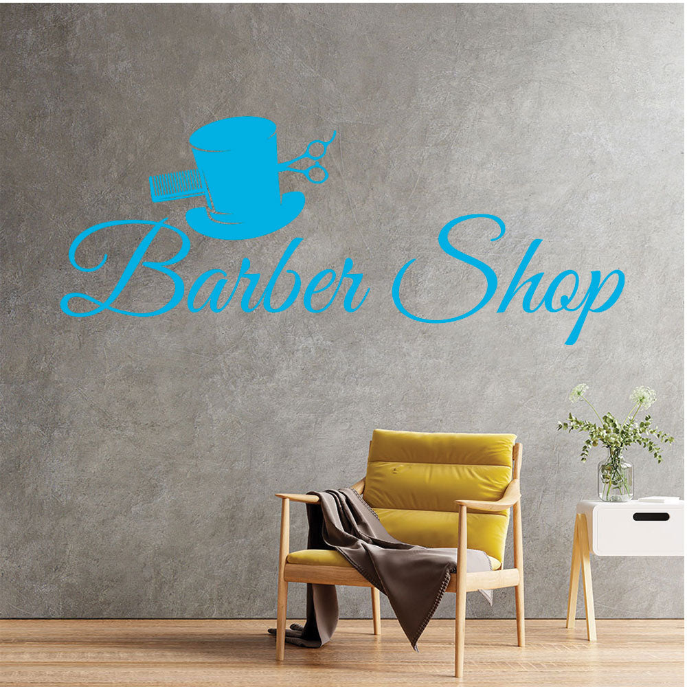 Barber Shop Wall Decal – Top Hat Comb & Scissors Script