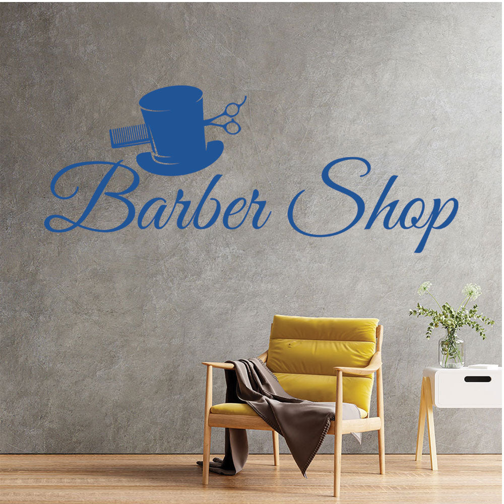 Barber Shop Wall Decal – Top Hat Comb & Scissors Script