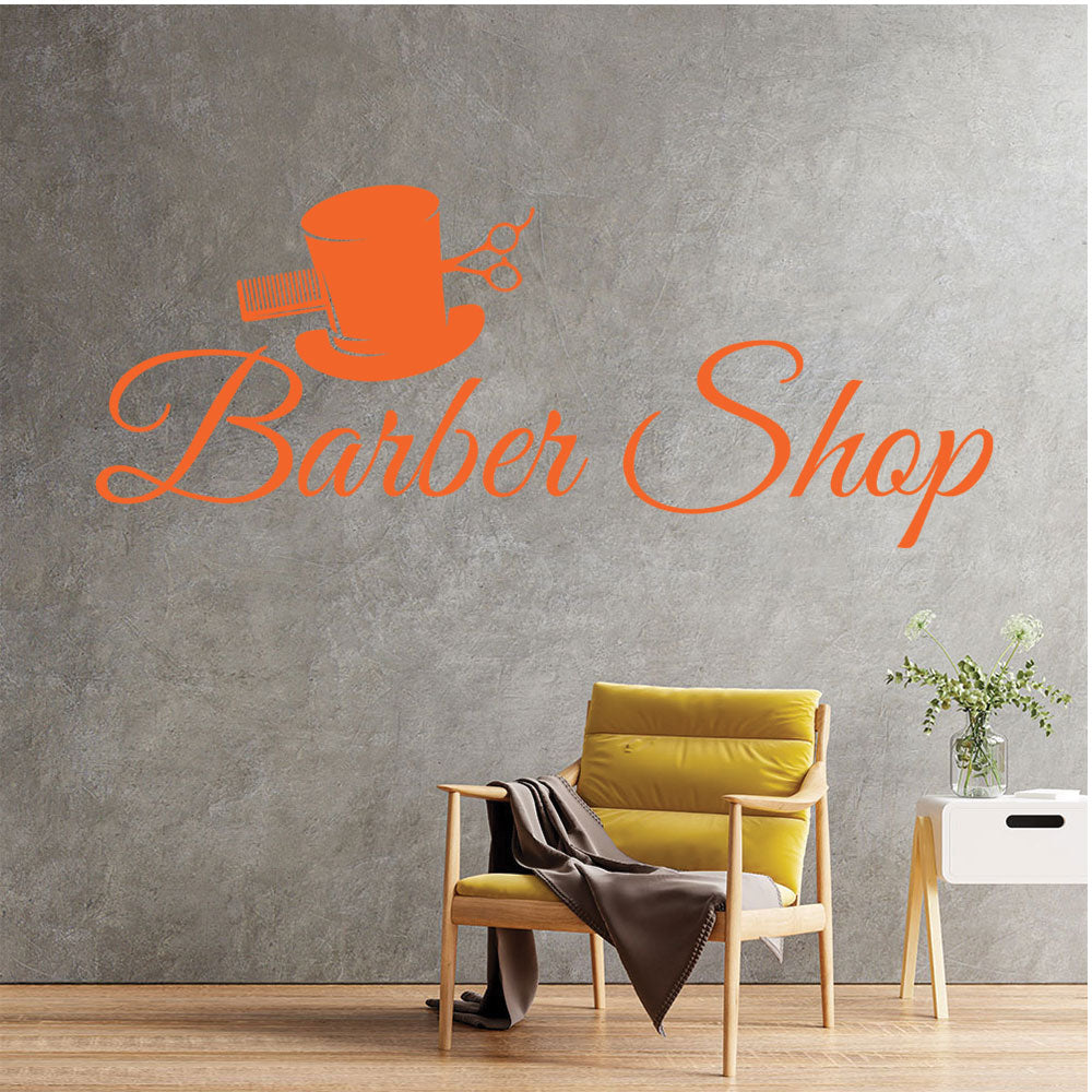 Barber Shop Wall Decal – Top Hat Comb & Scissors Script