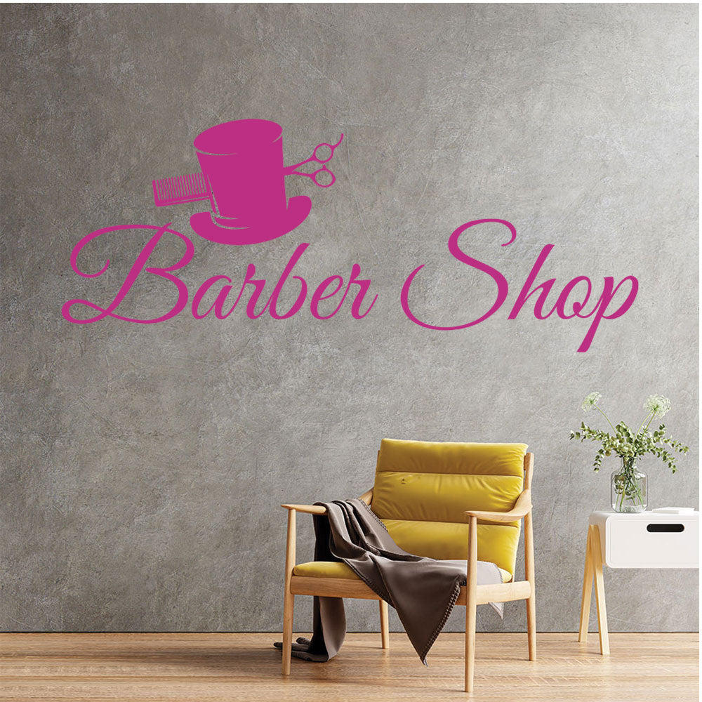 Barber Shop Wall Decal – Top Hat Comb & Scissors Script