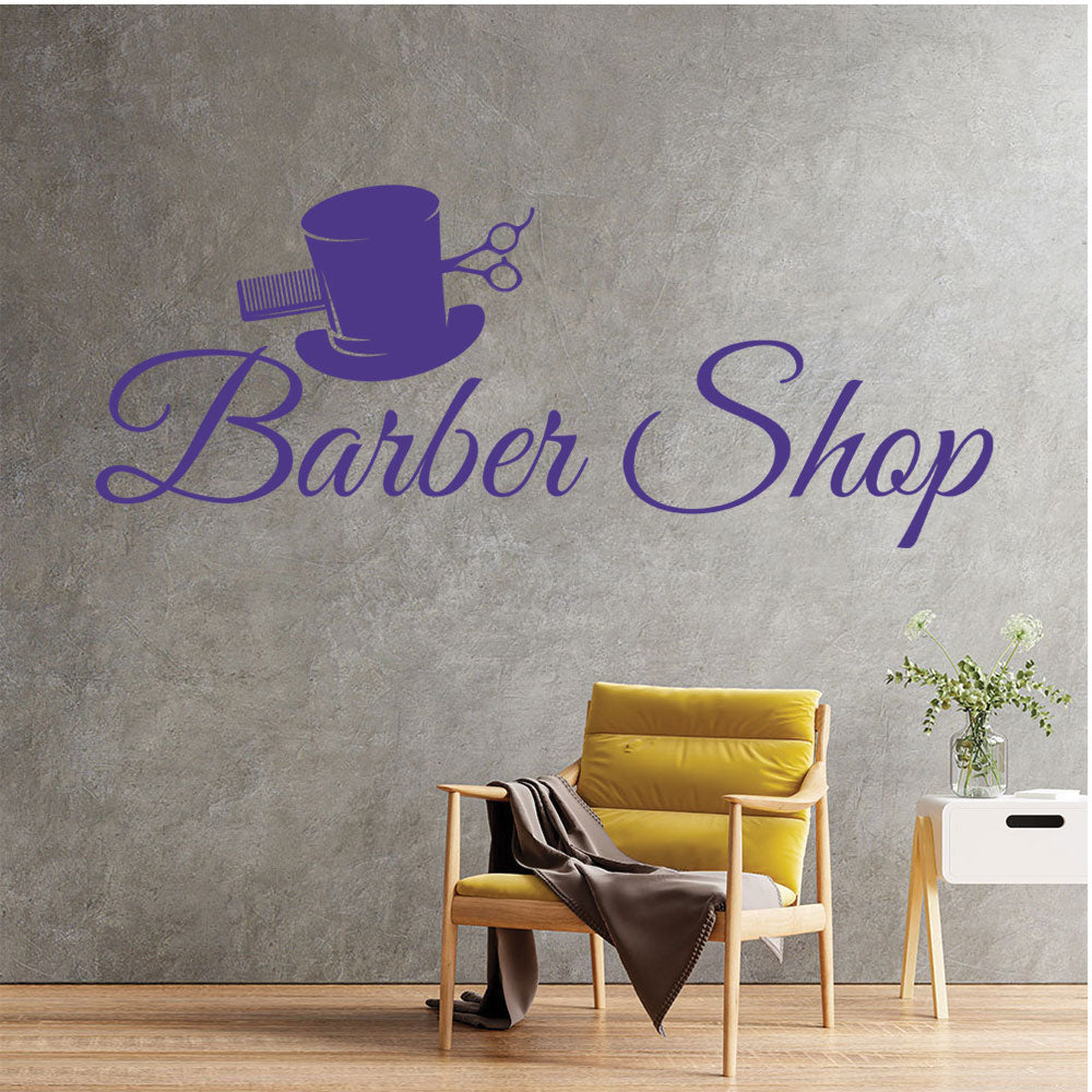 Barber Shop Wall Decal – Top Hat Comb & Scissors Script