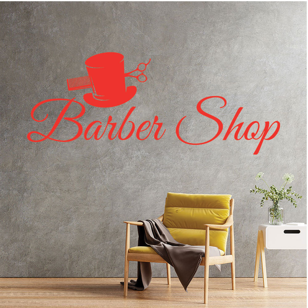 Barber Shop Wall Decal – Top Hat Comb & Scissors Script