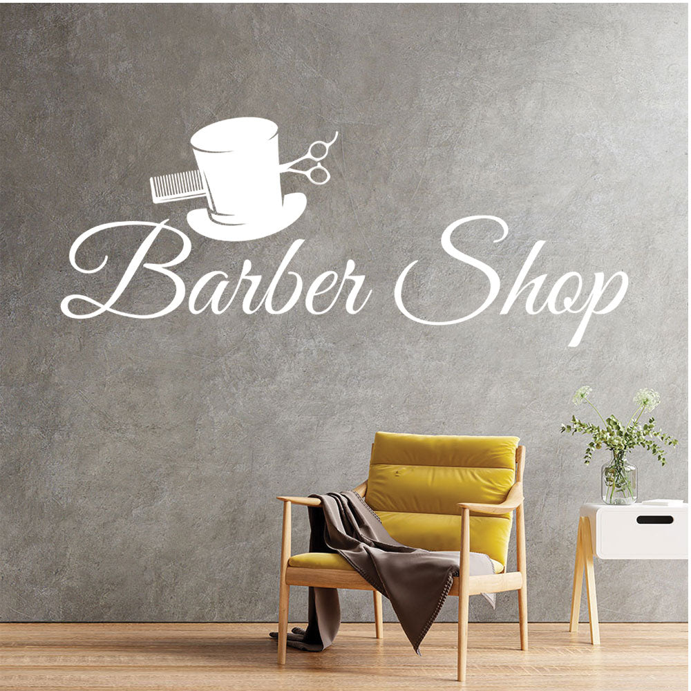 Barber Shop Wall Decal – Top Hat Comb & Scissors Script