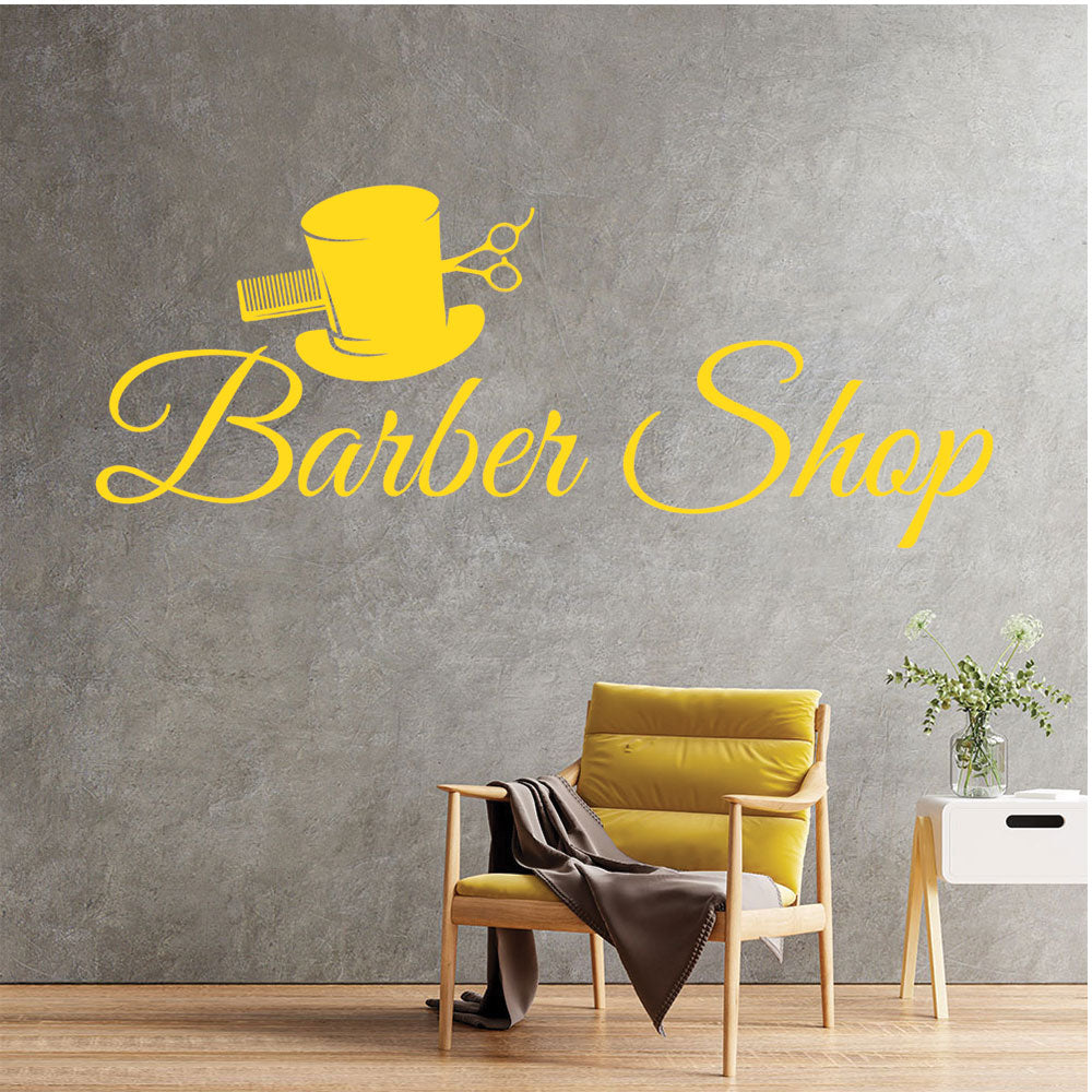 Barber Shop Wall Decal – Top Hat Comb & Scissors Script
