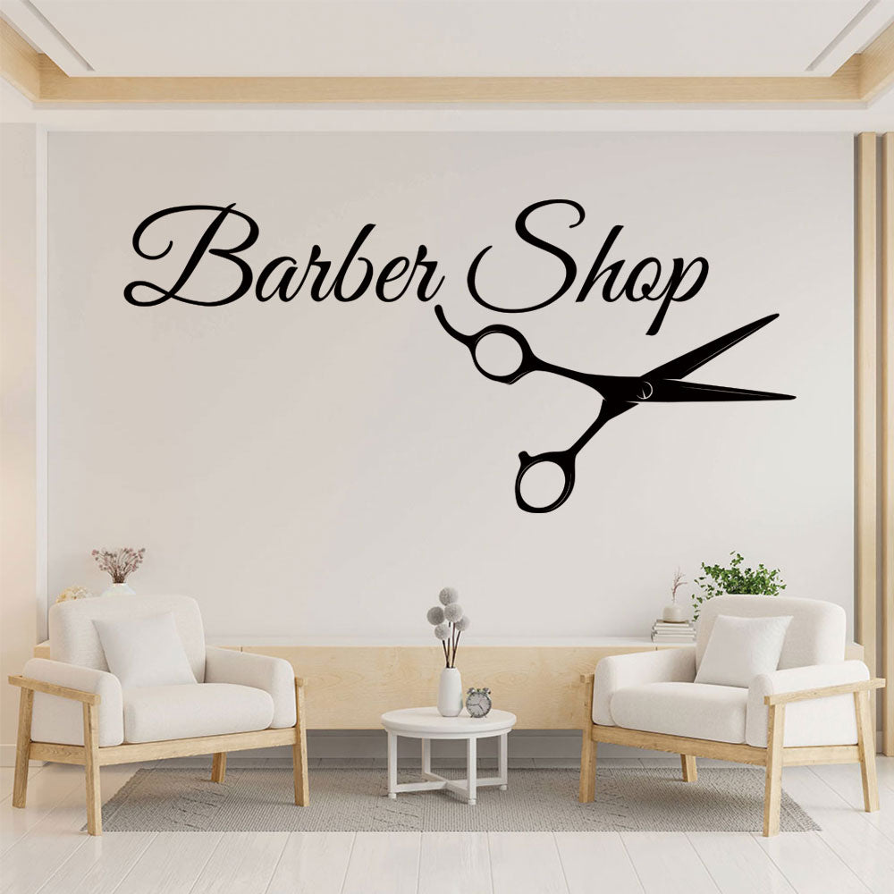 Barber Shop Wall Sticker – Cursive Script with Scissors Salon Decal