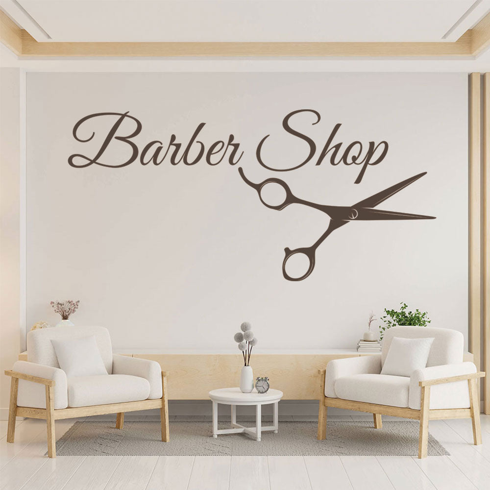 Barber Shop Wall Sticker – Cursive Script with Scissors Salon Decal