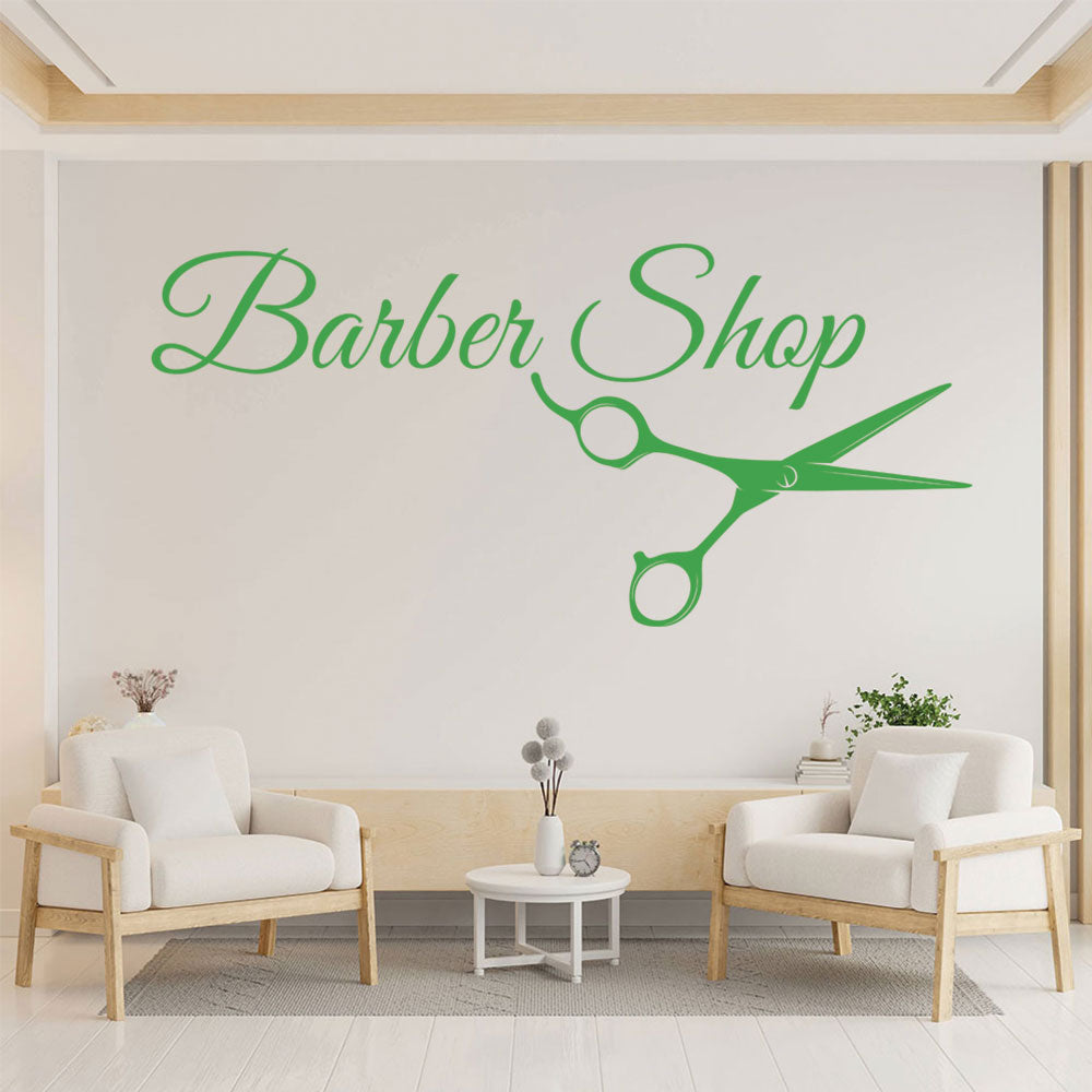 Barber Shop Wall Sticker – Cursive Script with Scissors Salon Decal