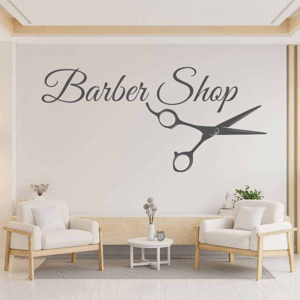 Barber Shop Wall Sticker – Cursive Script with Scissors Salon Decal