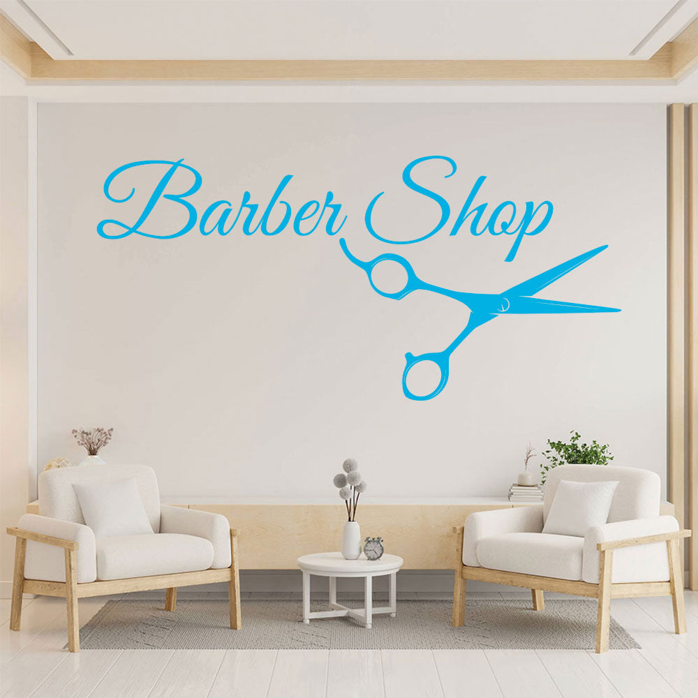 Barber Shop Wall Sticker – Cursive Script with Scissors Salon Decal