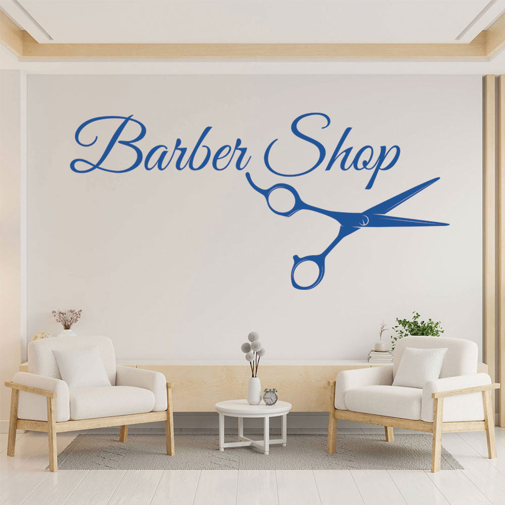 Barber Shop Wall Sticker – Cursive Script with Scissors Salon Decal