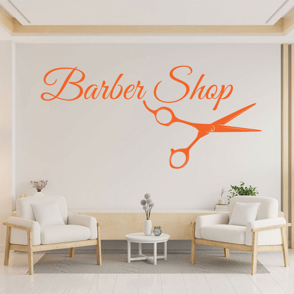 Barber Shop Wall Sticker – Cursive Script with Scissors Salon Decal