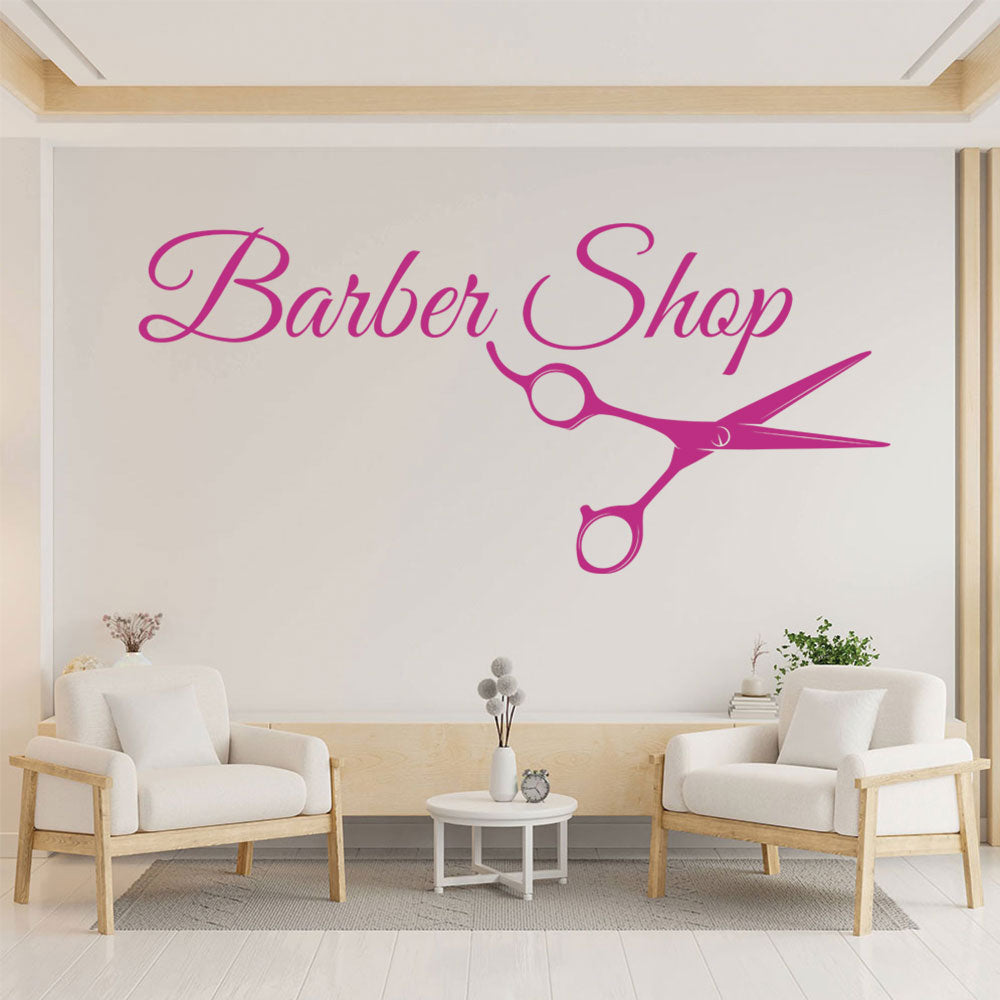 Barber Shop Wall Sticker – Cursive Script with Scissors Salon Decal