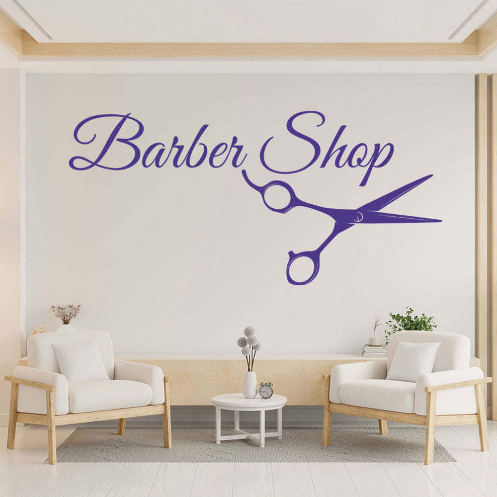 Barber Shop Wall Sticker – Cursive Script with Scissors Salon Decal