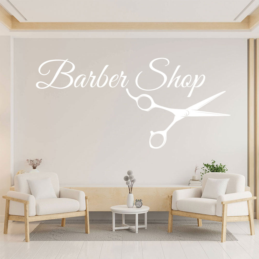 Barber Shop Wall Sticker – Cursive Script with Scissors Salon Decal