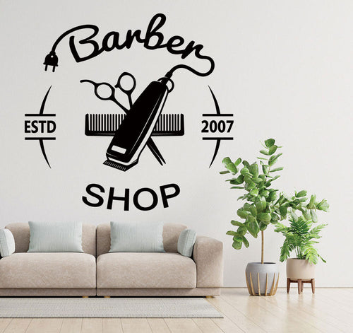 Personalised Barber Shop Wall Sticker – Custom Year Clippers Comb Scissors Decal