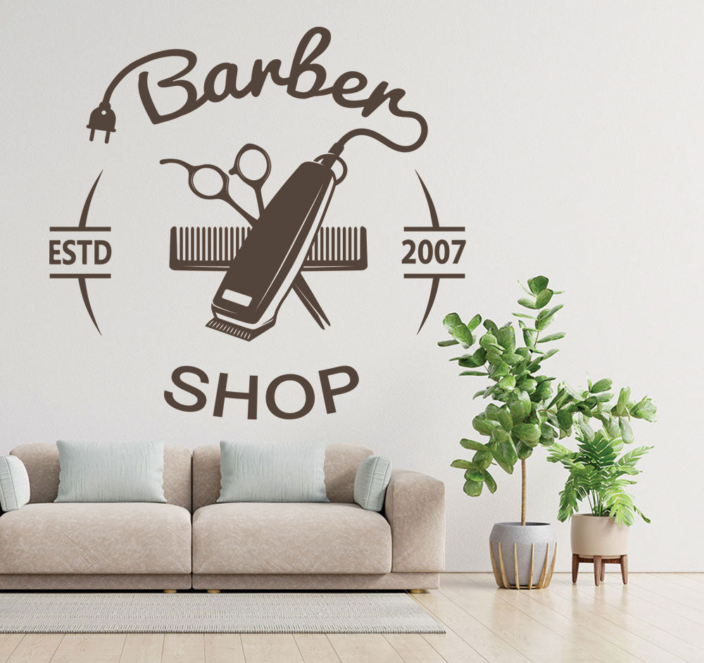 Personalised Barber Shop Wall Sticker – Custom Year Clippers Comb Scissors Decal