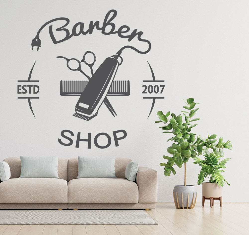 Personalised Barber Shop Wall Sticker – Custom Year Clippers Comb Scissors Decal