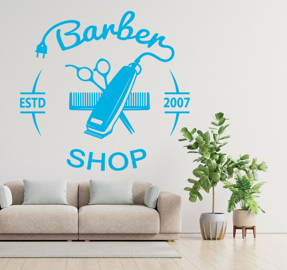 Personalised Barber Shop Wall Sticker – Custom Year Clippers Comb Scissors Decal