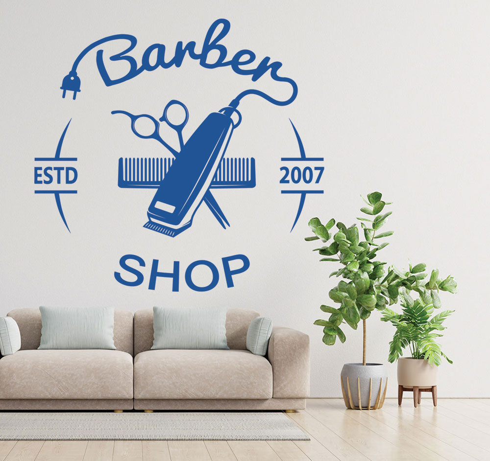 Personalised Barber Shop Wall Sticker – Custom Year Clippers Comb Scissors Decal