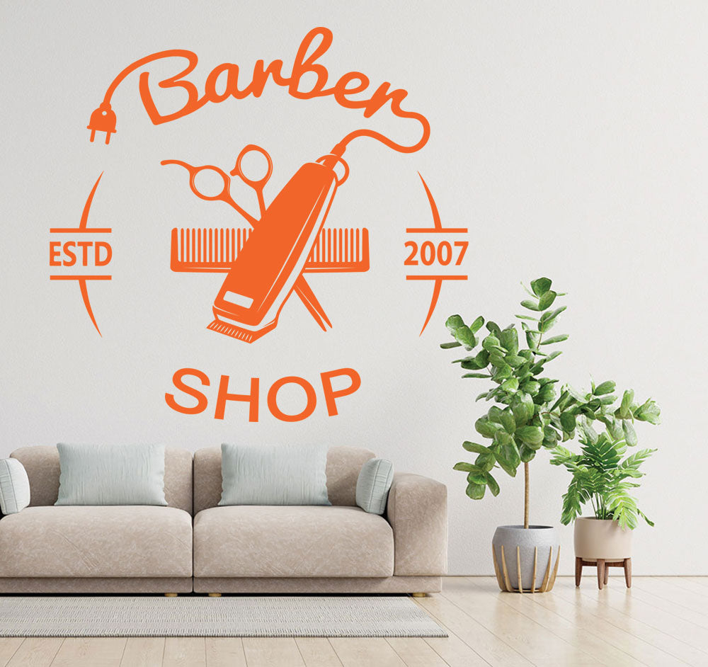 Personalised Barber Shop Wall Sticker – Custom Year Clippers Comb Scissors Decal